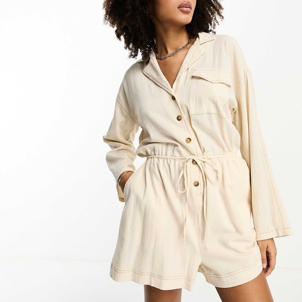 Asos Designs Linen Cream Button-Up Romper - size 12